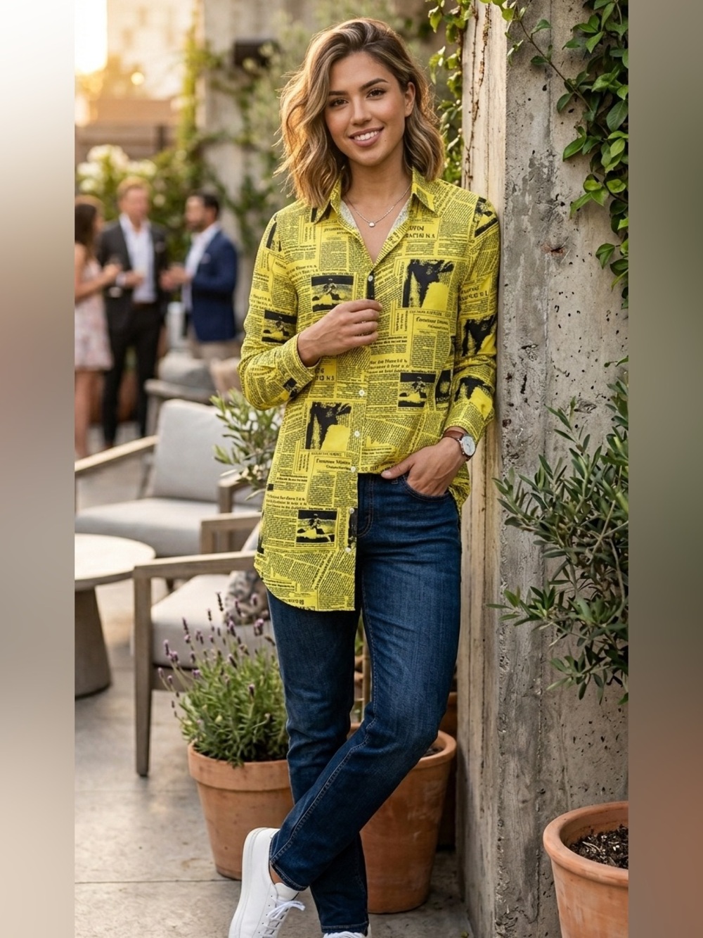 Yellow Newspaper Print Button-Up Shirt